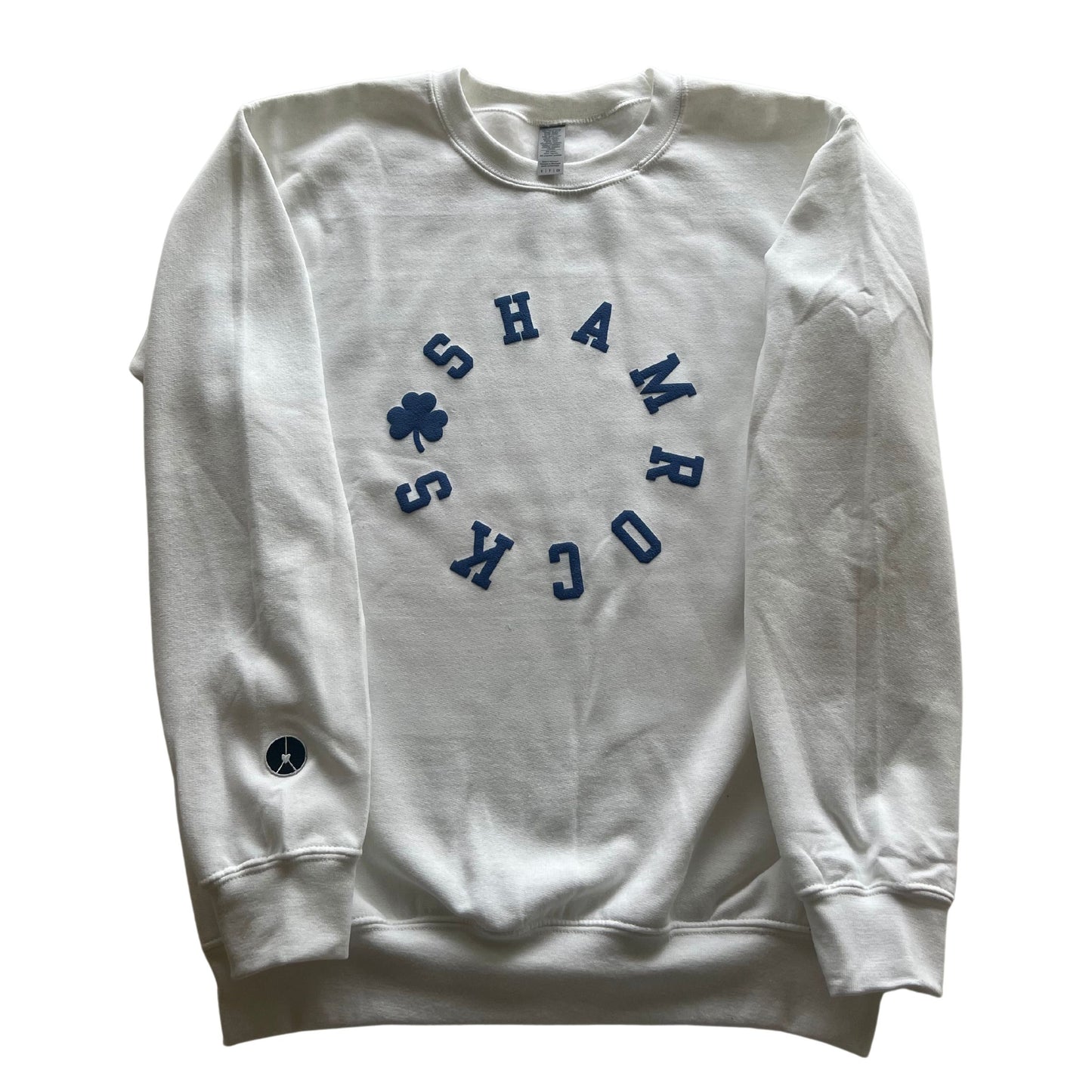 White crewneck shamrock Circle with blue puff