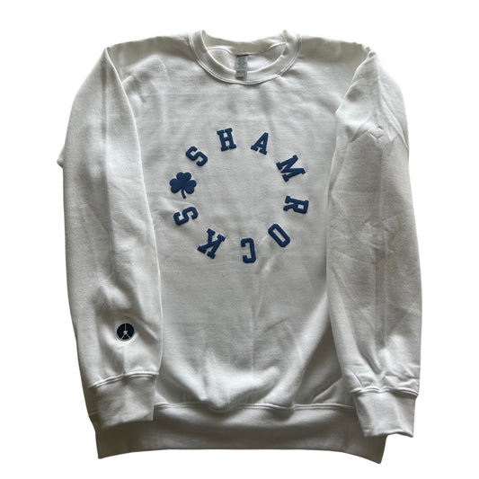 White crewneck shamrock Circle with blue puff