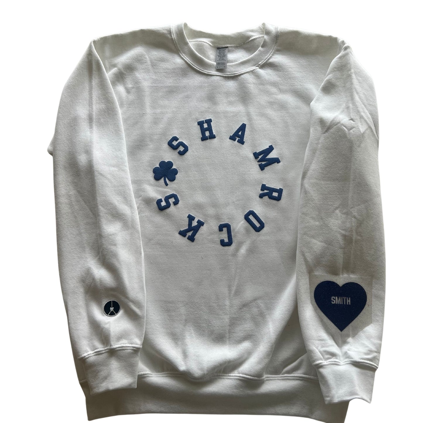 White crewneck shamrock Circle with blue puff