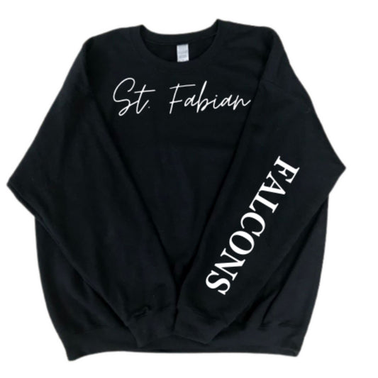 Black crewneck, St Fabian and white script