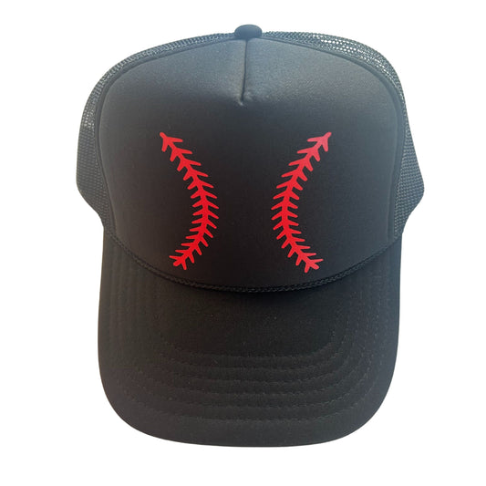 Black Baseball Red Stitch Trucker Hat with Detroit