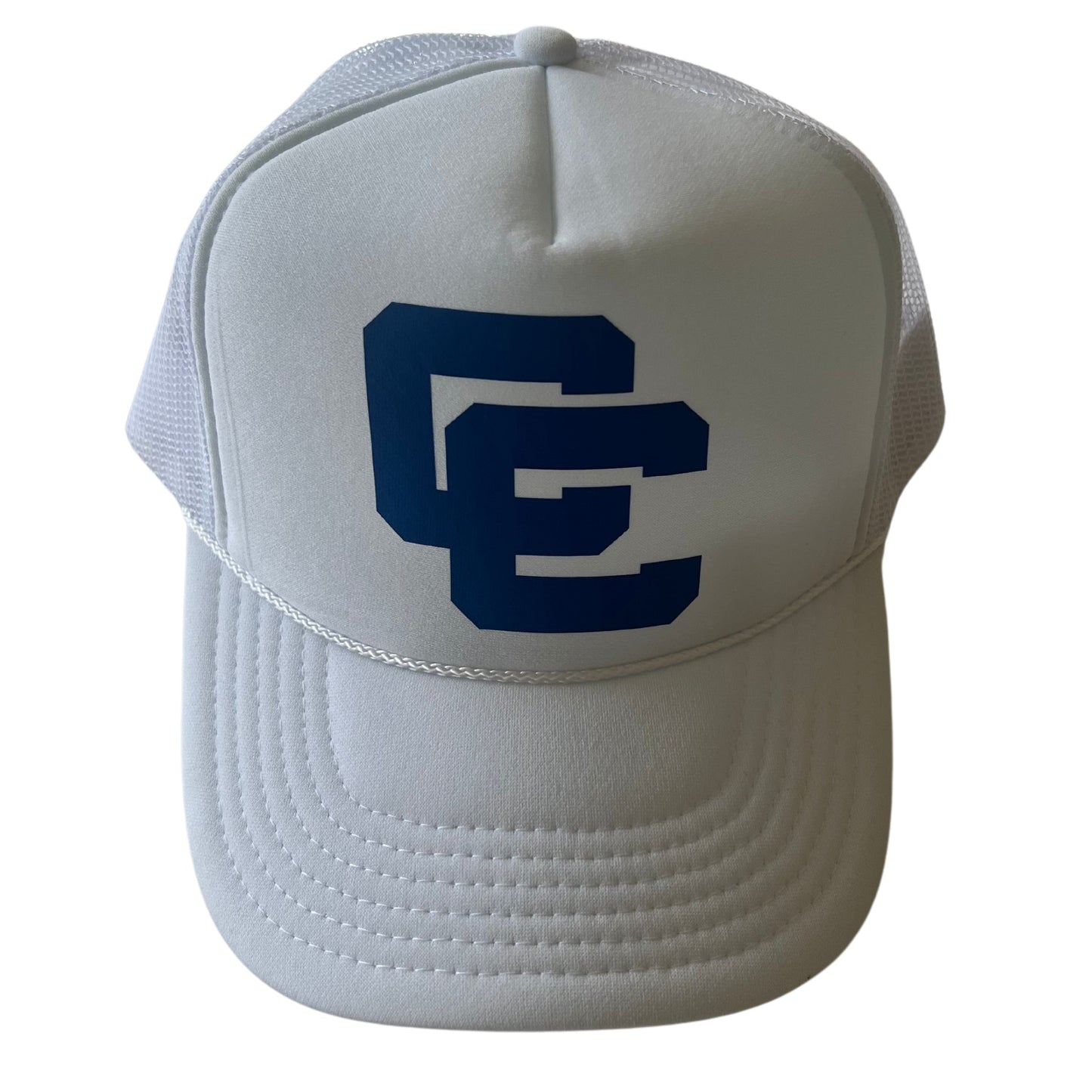 White trucker hat with blue cc