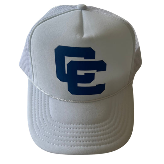 White trucker hat with blue cc