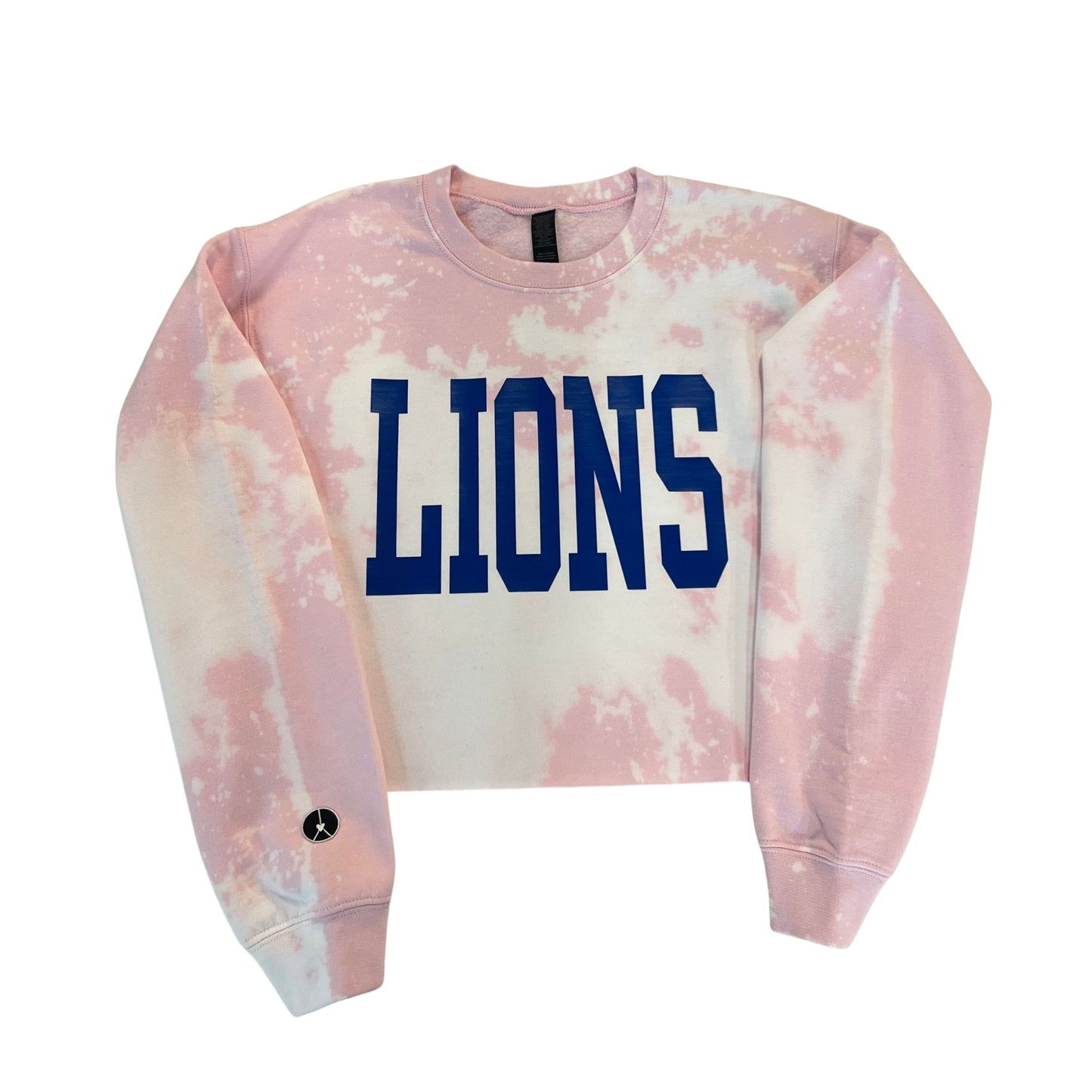 Light pink tie-dye crop crewneck with blue lions