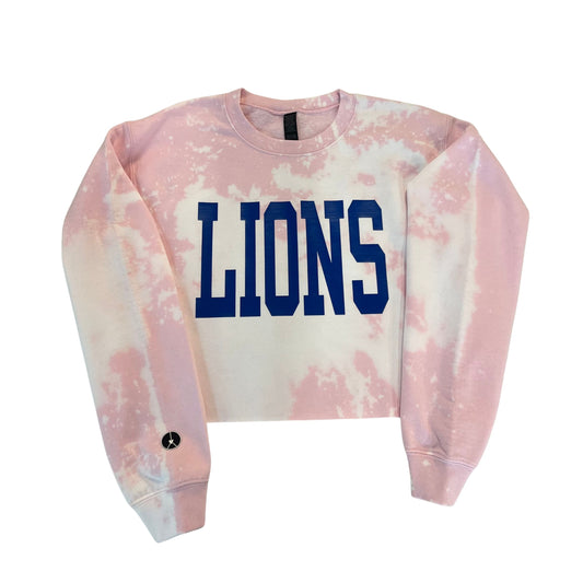 Light pink tie-dye crop crewneck with blue lions