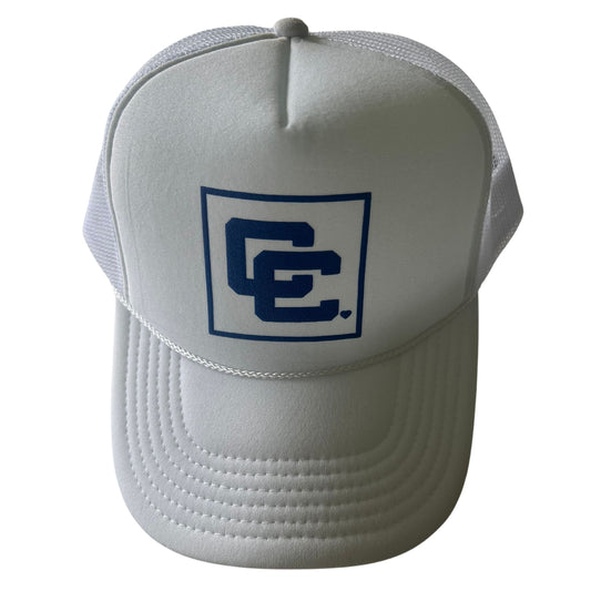 White trucker hat with blue cc heart puff