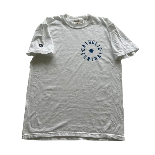 White t shirt crewneck with Circle Catholic Central