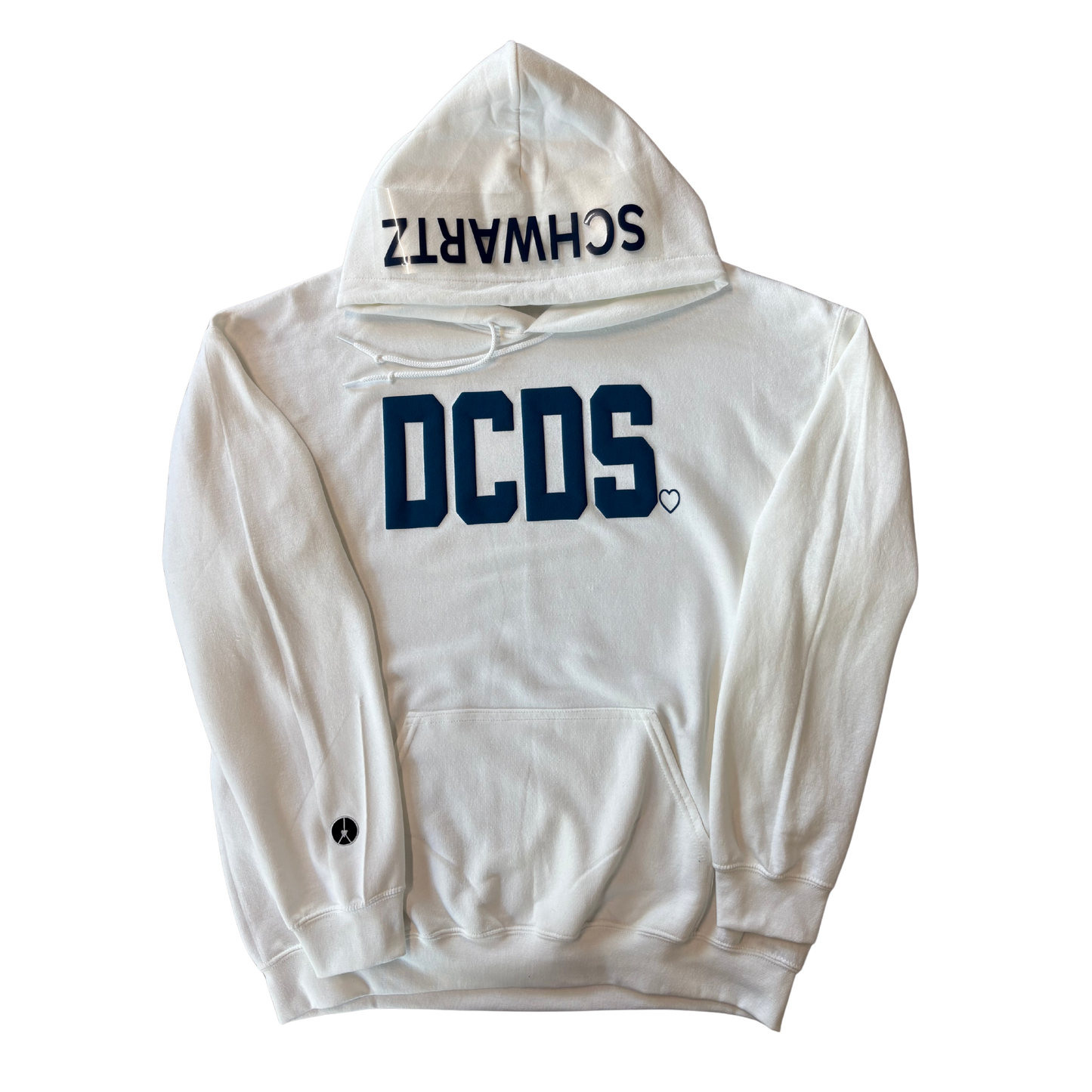 White hoodie with DCDS in navy puff with option to customize hood
