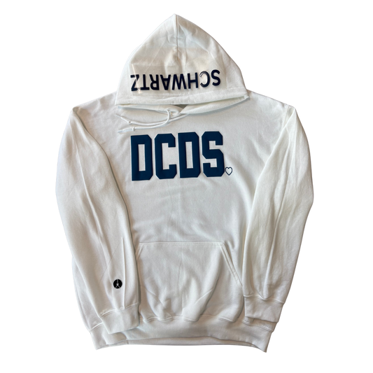 White hoodie with DCDS in navy puff with option to customize hood