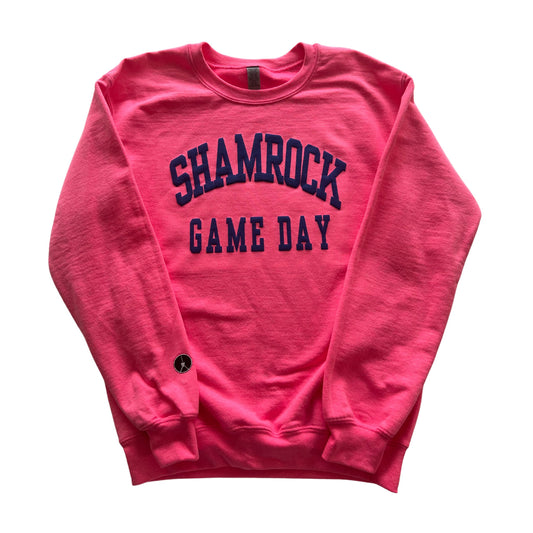 Pink crewneck with puff shamrocks game day in blue