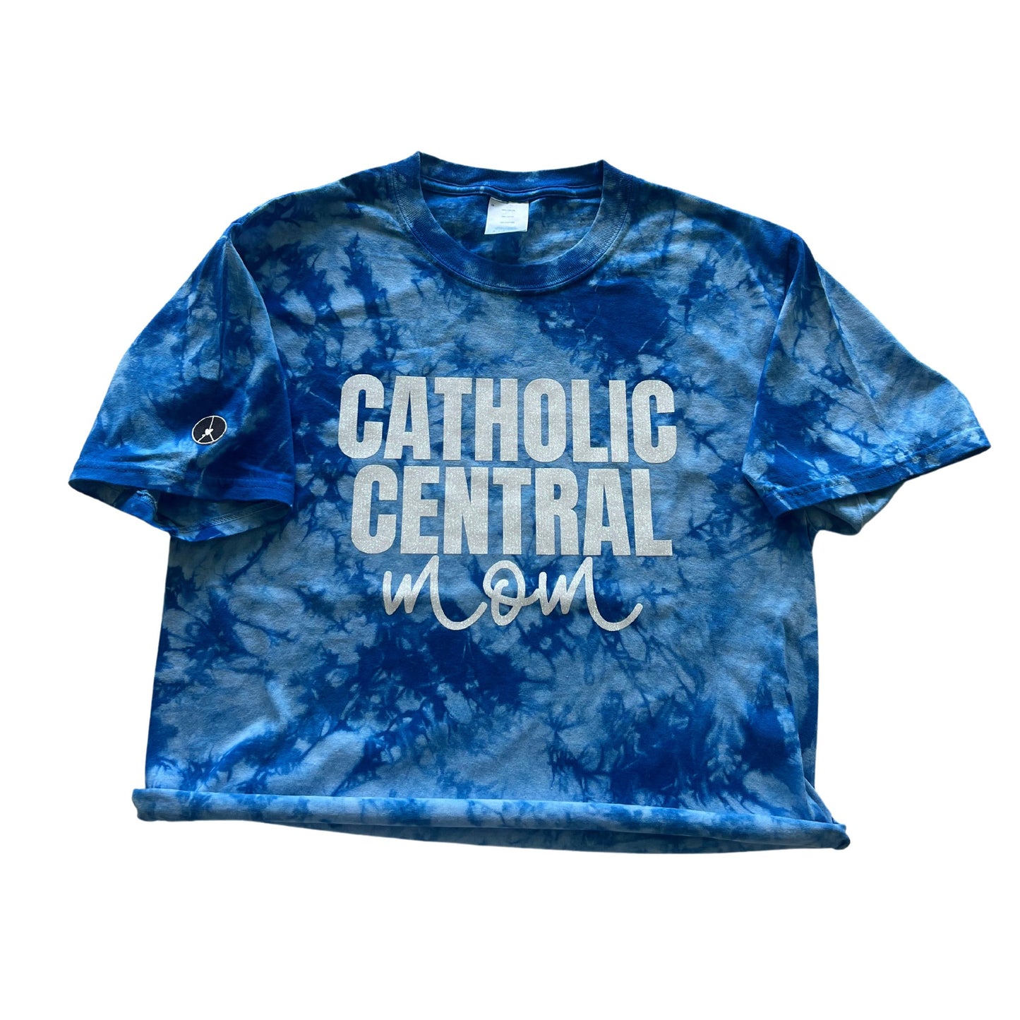 Blue tie dye crop crewneck Catholic Central mom