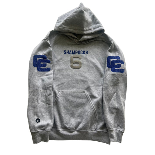 Gray hoodie with blue glitter, cc shamrocks on front and CC logo on arms