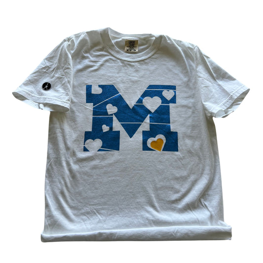 White crewneck T-shirt with M hearts