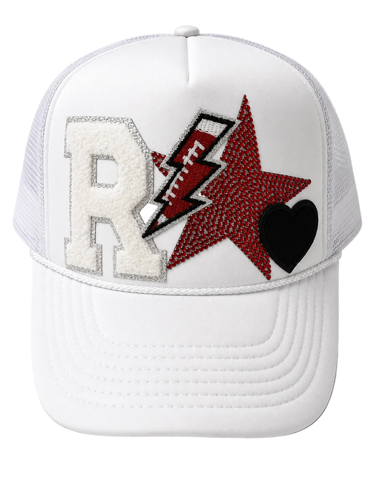 White R patch trucker hat
