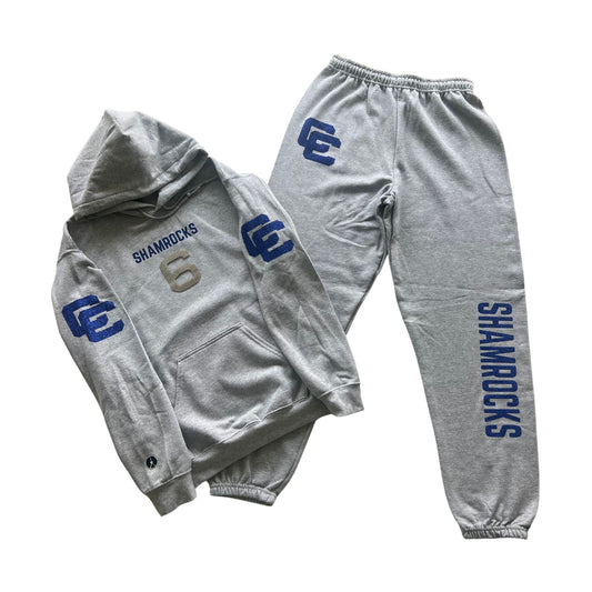 Gray hoodie with blue glitter, CC shamrocks and matching sweatpants sweatsuit