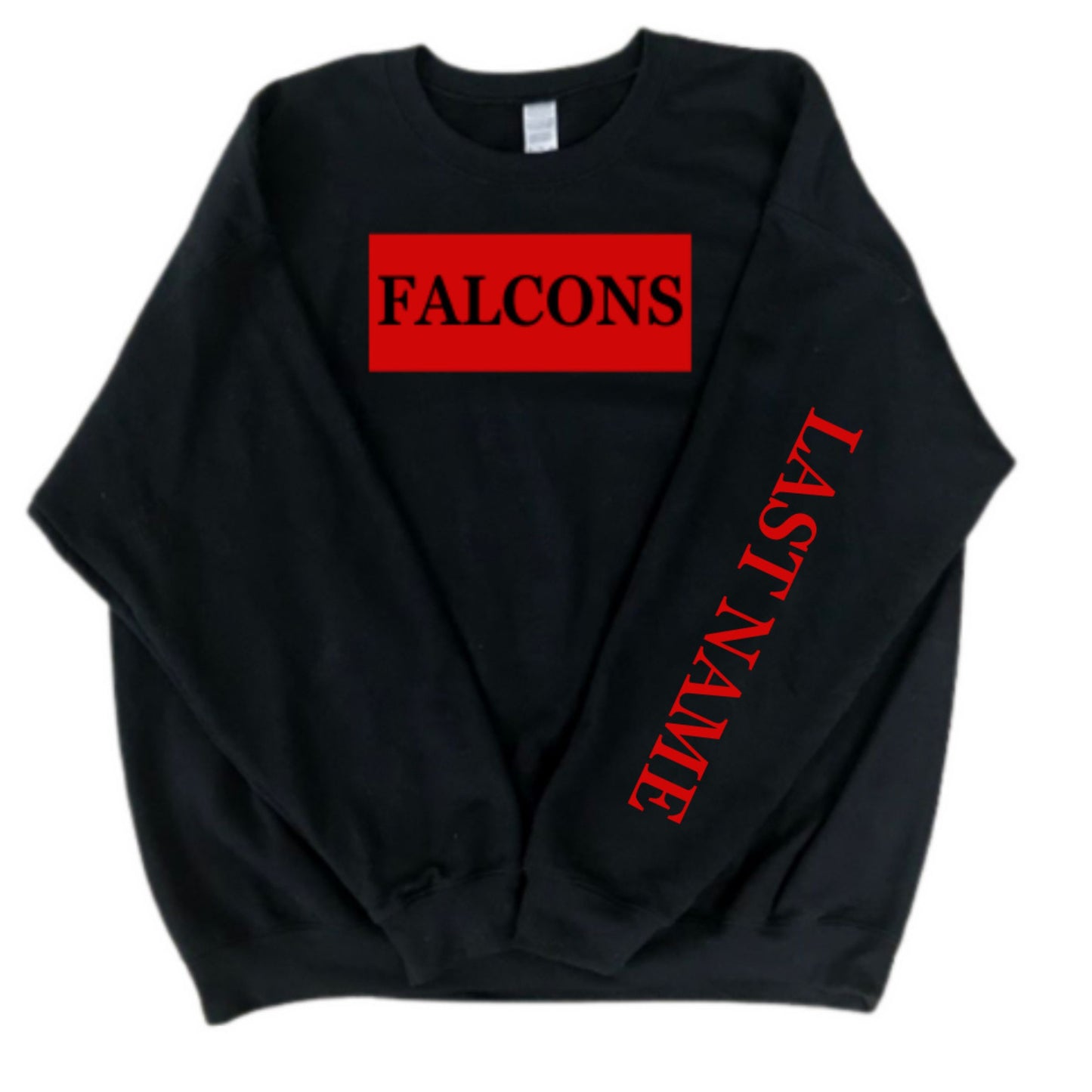 Black crewneck, falcons, and rectangle in red