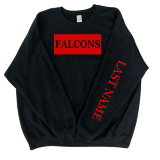 Black crewneck, falcons, and rectangle in red