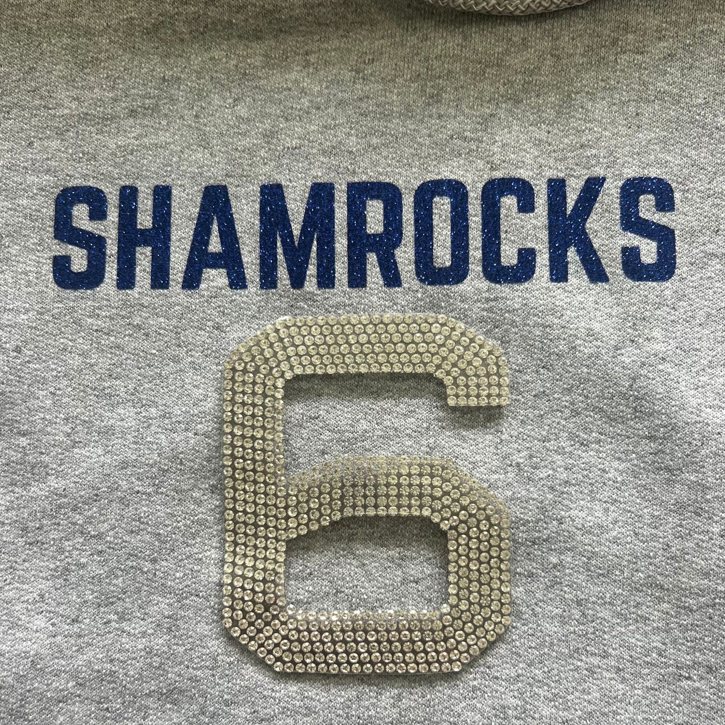 Gray hoodie with blue glitter, CC shamrocks and matching sweatpants sweatsuit