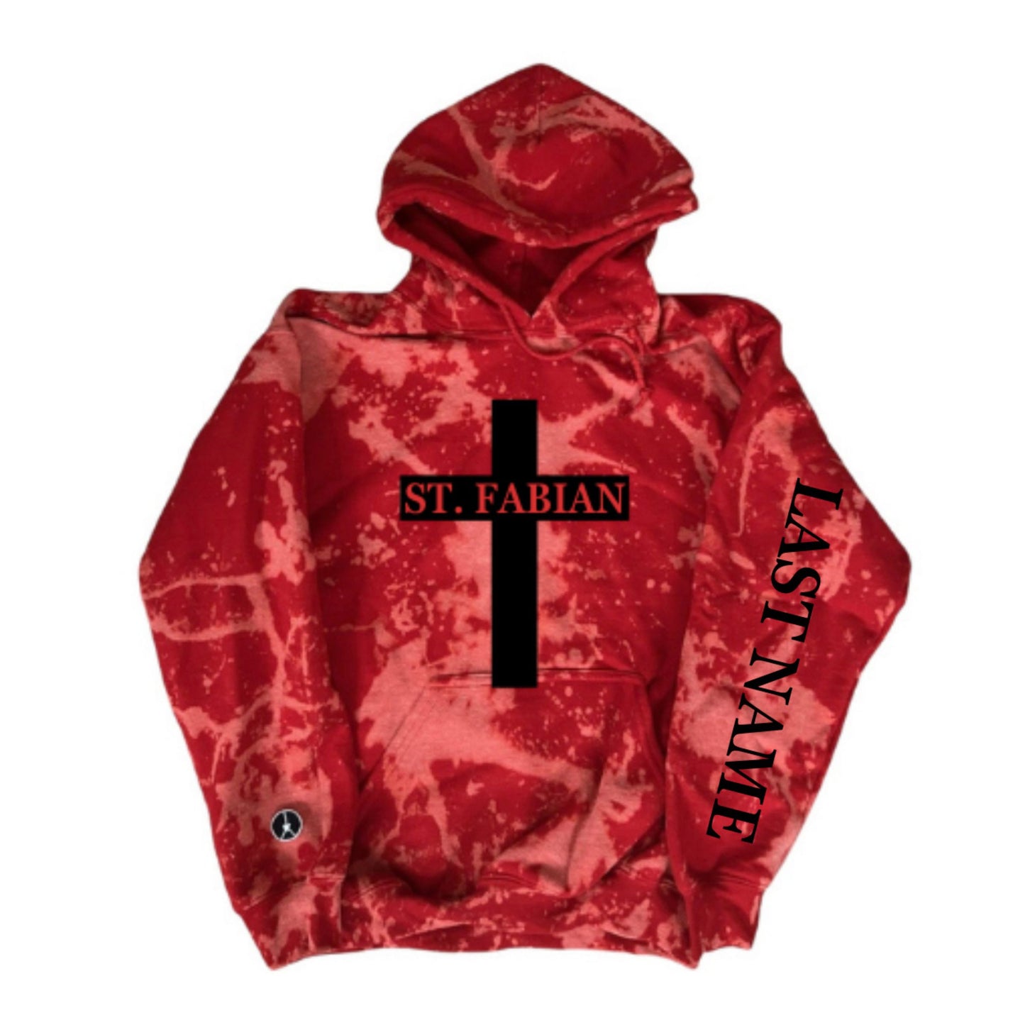 Tie-dye red hoodie with cross and St Fabian