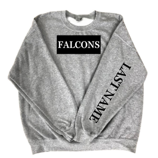 Gray crewneck with falcons rectangle in black