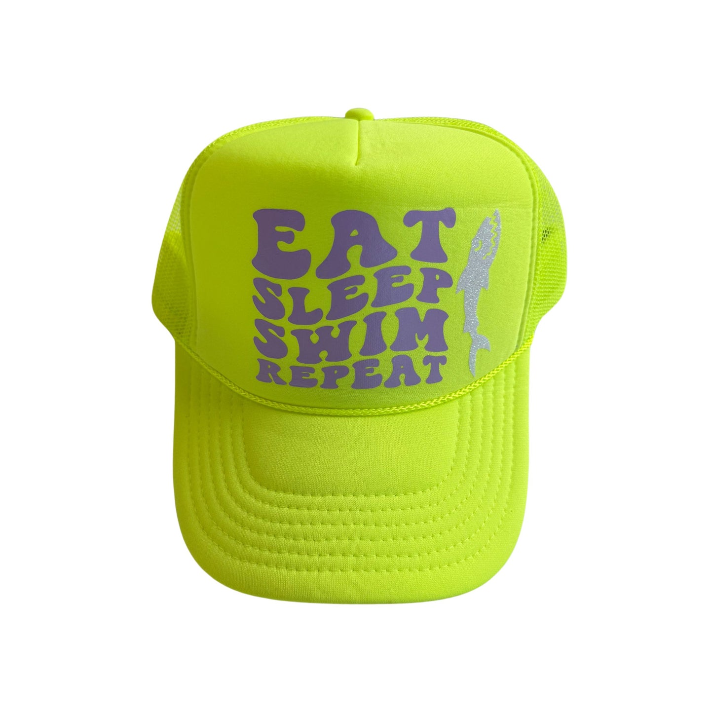 Eat, sleep, swim, repeat, neon, yellow Trucker hat