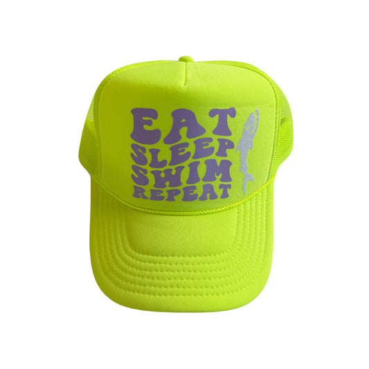 Eat, sleep, swim, repeat, neon, yellow Trucker hat