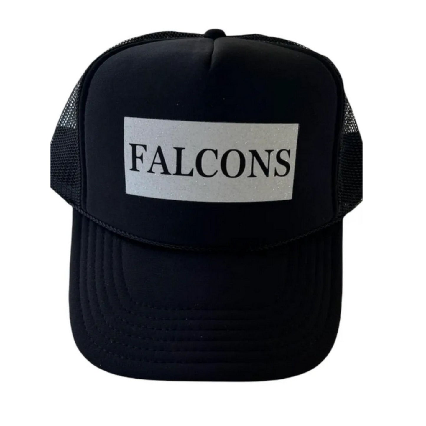 Black trucker hat with falcons white glitter