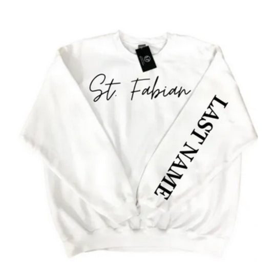 White crewneck St Fabian in black script