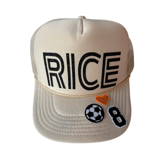 Nude Trucker hat with black glitter Rice on front and option to add hatches to brim