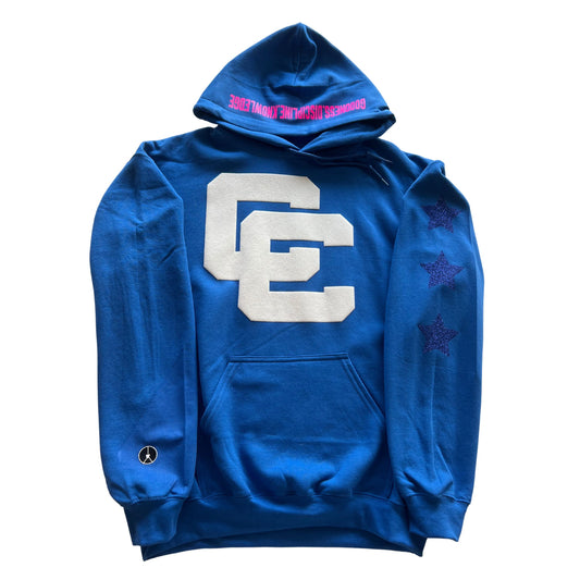 Blue hoodie with CC puff and blue Stars on sleeve with hood and back design