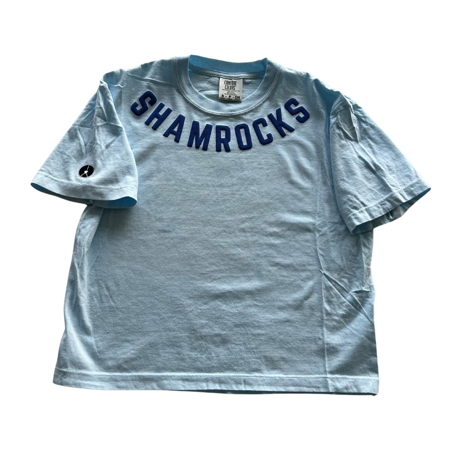 Light blue crewneck crop t-shirt, shamrocks