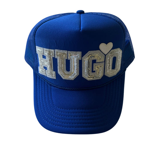 Blue trucker hat with patches