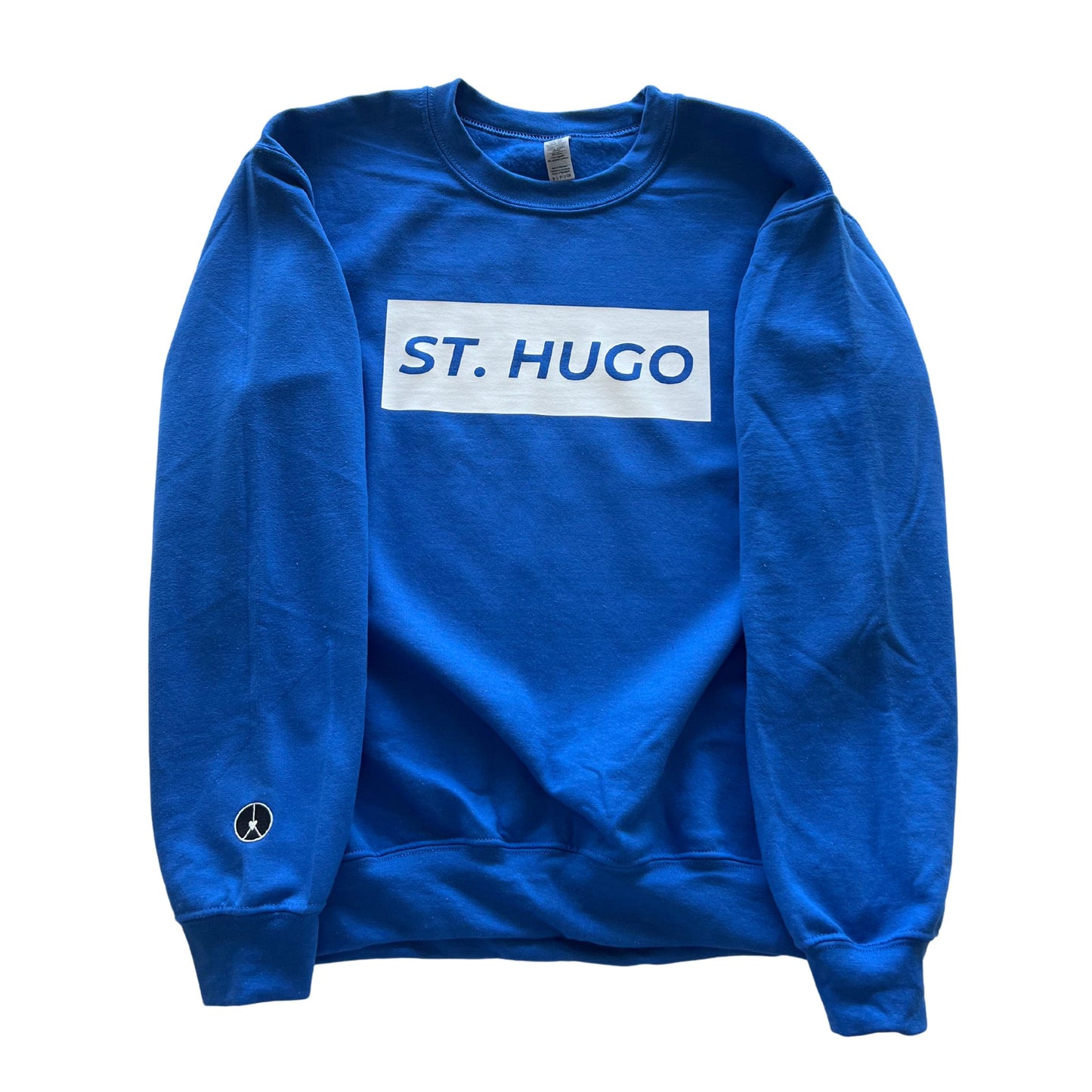 Blue crewneck with St. Hugo rectangle