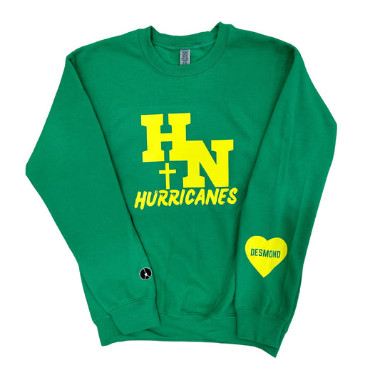 Kelly green crewneck with bright yellow Holy name hurricanes