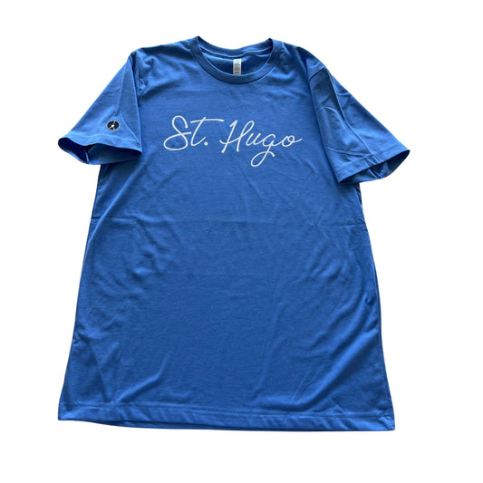 Blue crewneck t shirt with script St. Hugo