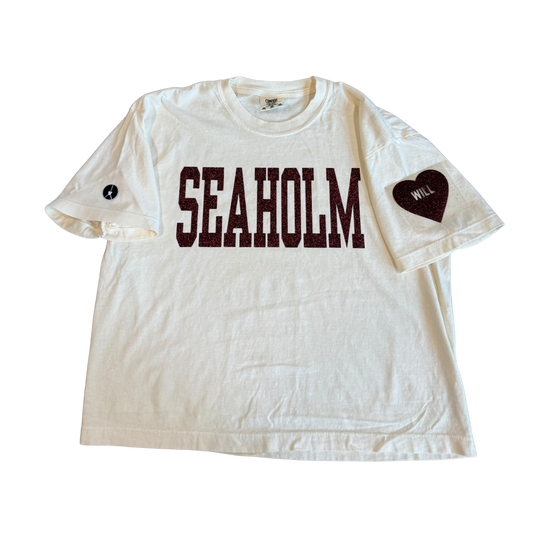 Seaholm Crewneck Boxy conservative crop Tee Ivory/Sangria Glitter
