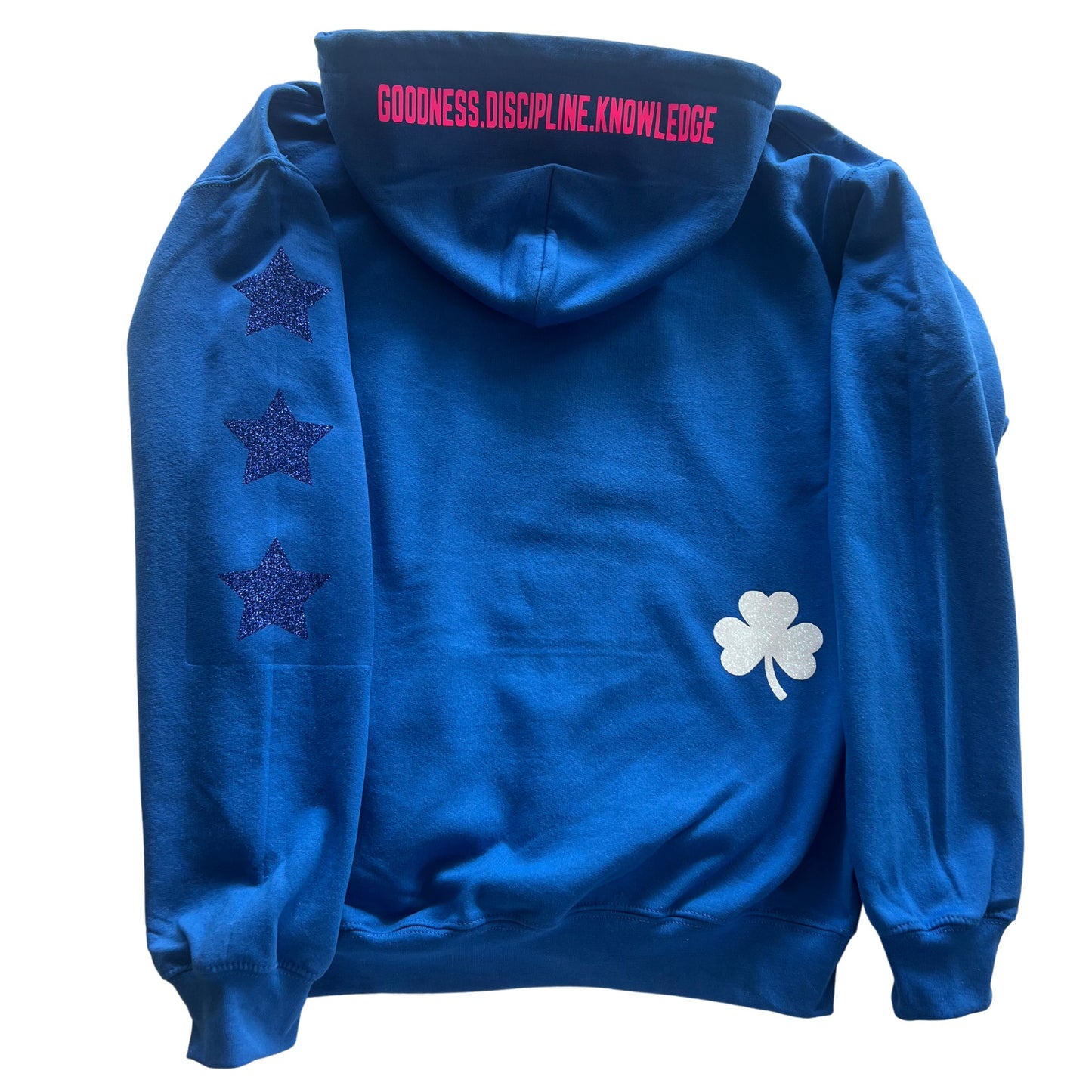 Blue hoodie with CC puff and blue Stars on sleeve with hood and back design