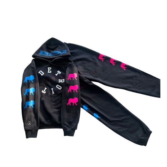 Black hoodie Detroit with pink and blue lions and old-school jogger sweatpants sweatsuit