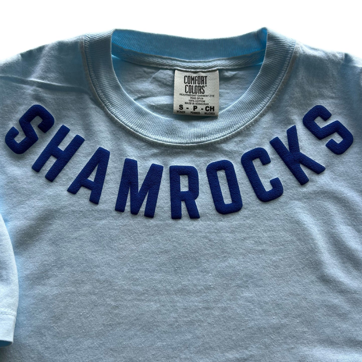 Light blue crewneck crop t-shirt, shamrocks