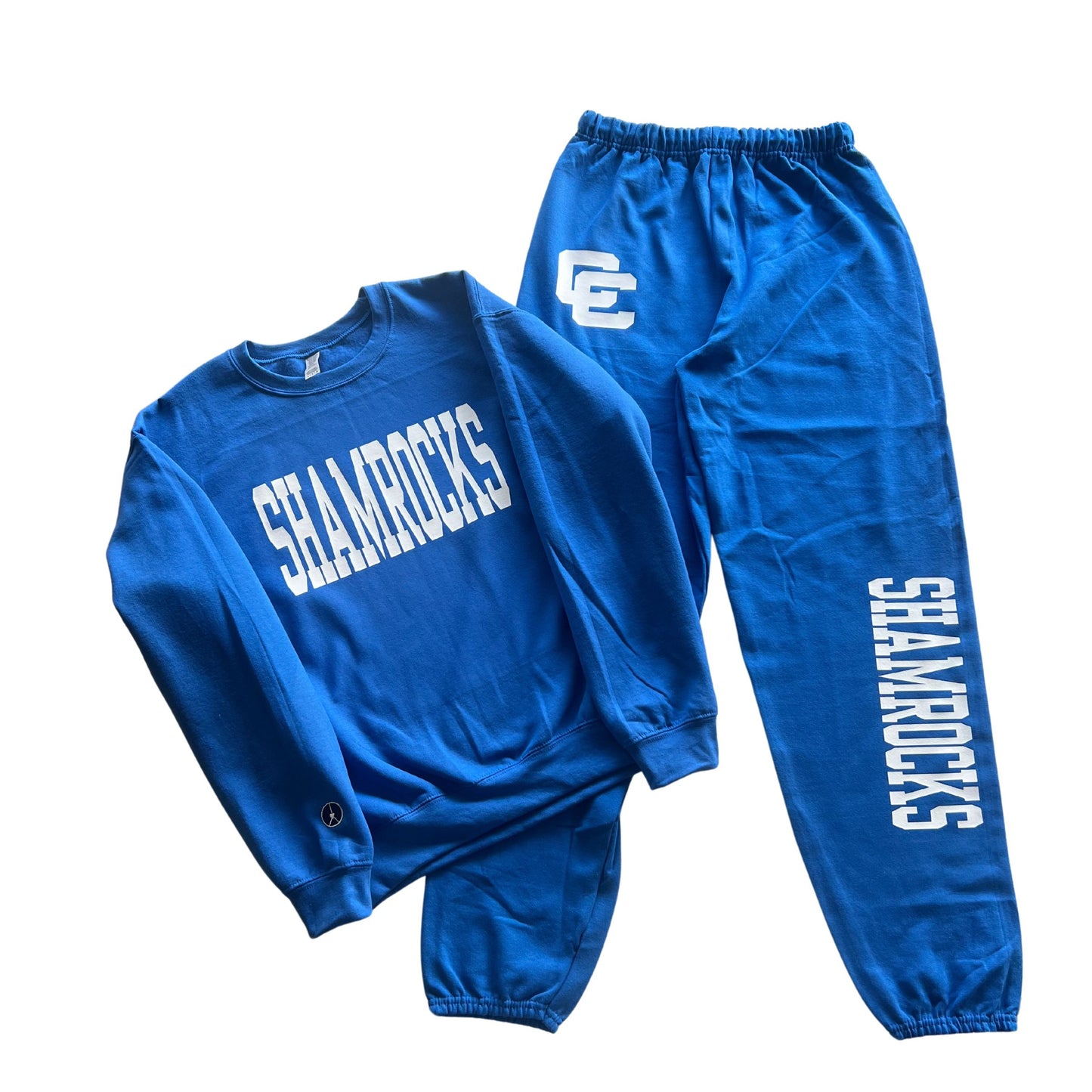 Blue crewneck sweatshirt with white shamrocks and matching sweatpants sweatsuit