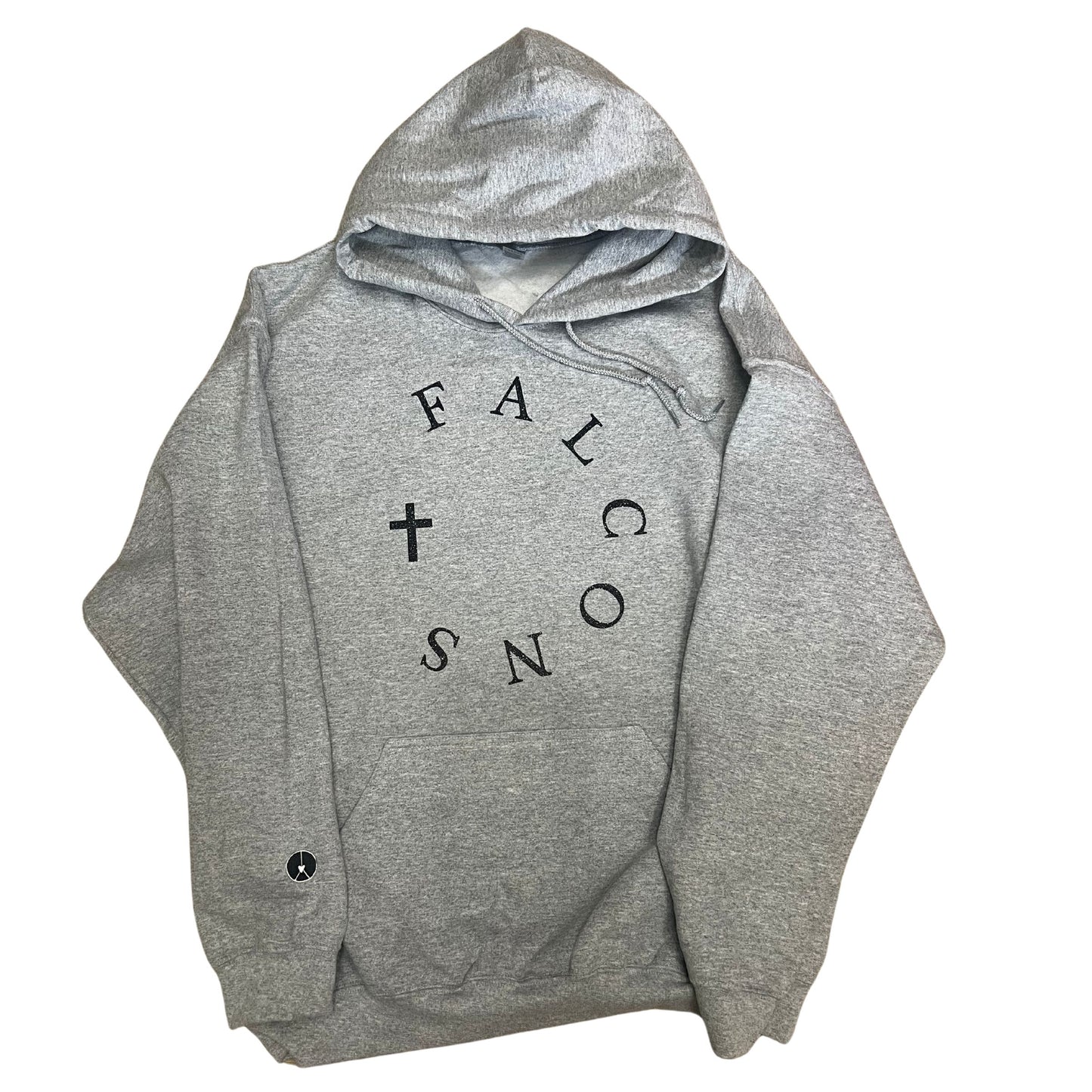 Grey hoodie with falcons circle and cross