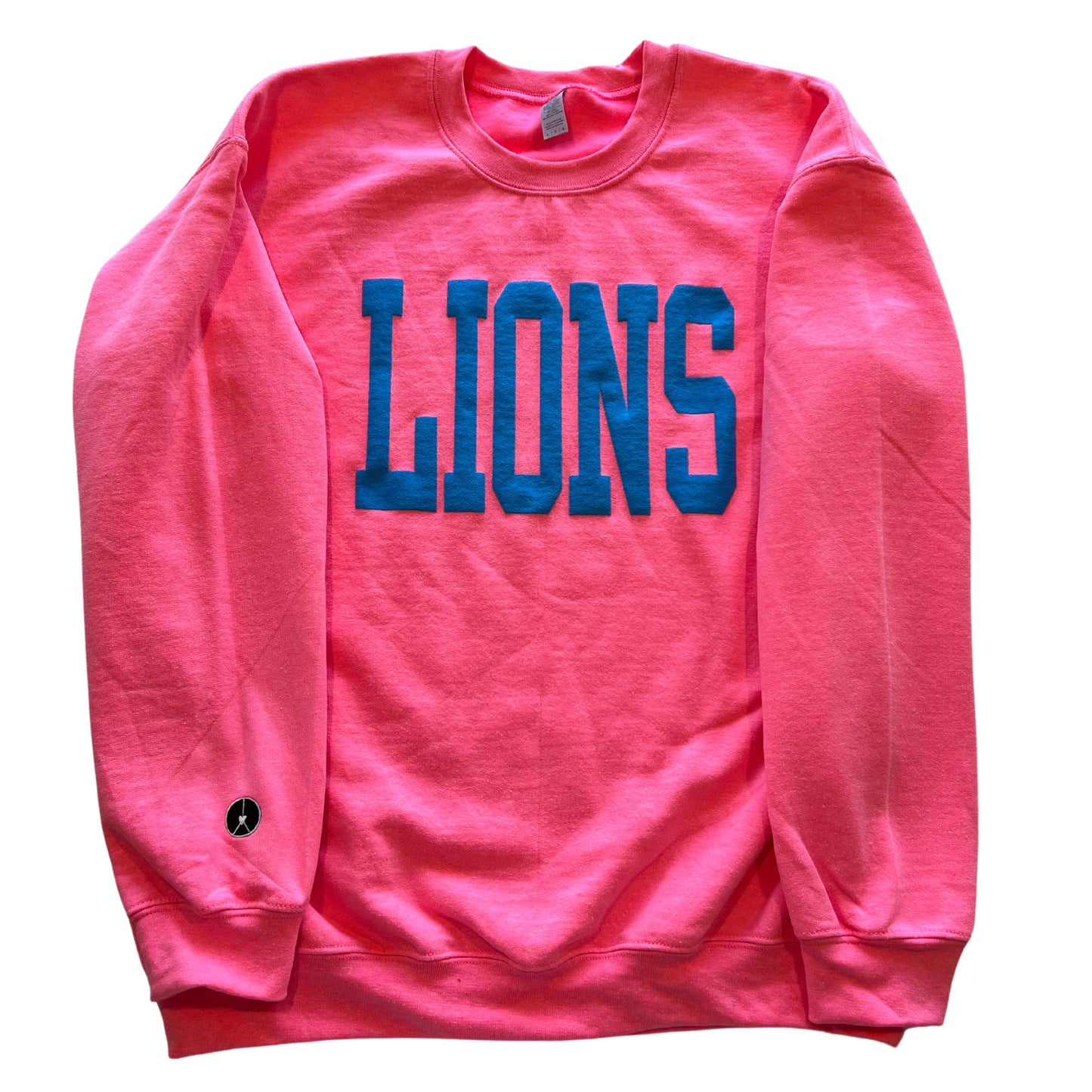 Neon Pink Crewneck With Blue Lions Puff