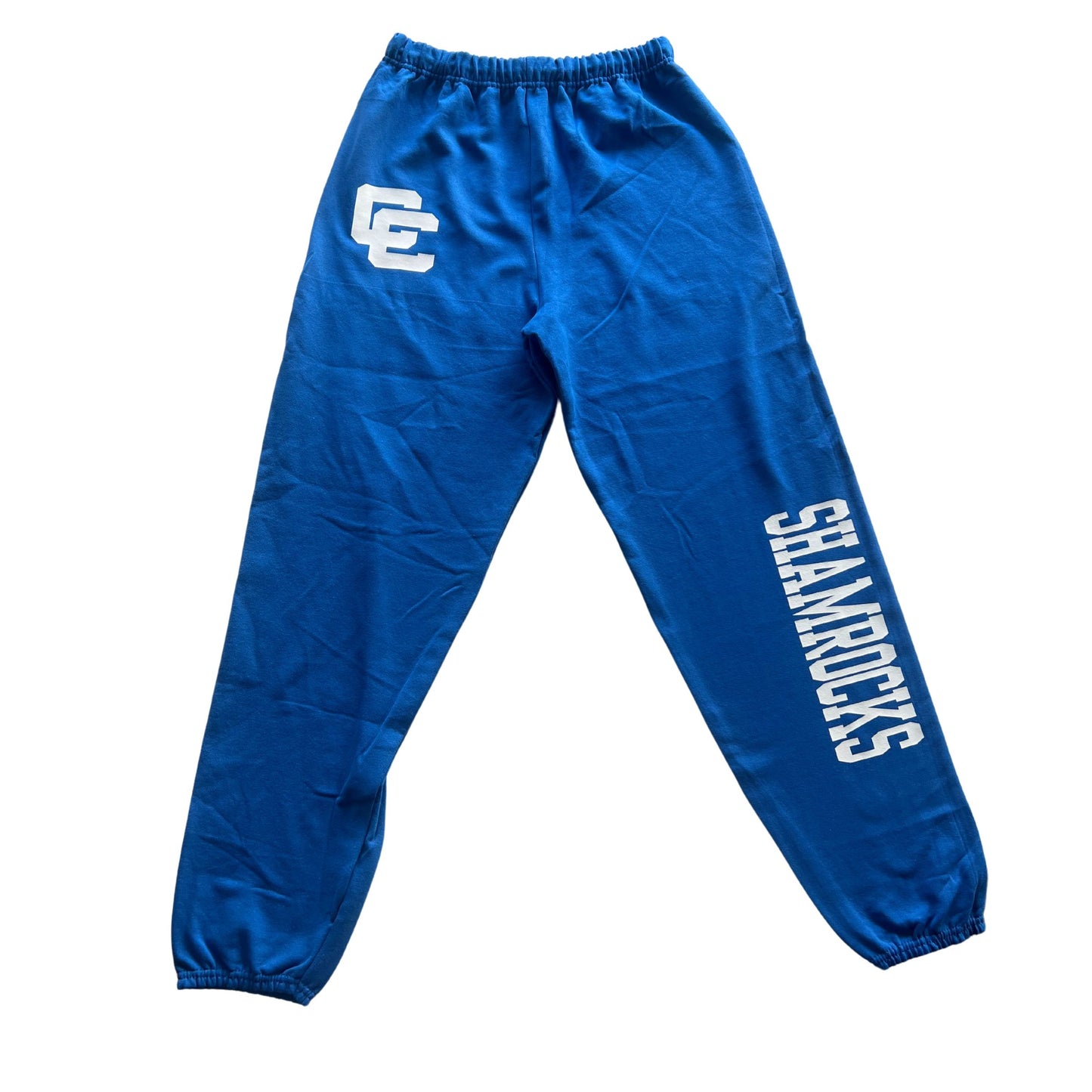 Blue crewneck sweatshirt with white shamrocks and matching sweatpants sweatsuit