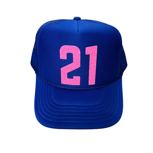 Blue and pink number trucker hat