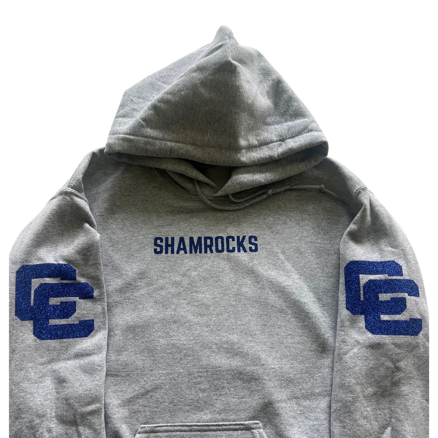 Gray hoodie with blue glitter, CC shamrocks and matching sweatpants sweatsuit