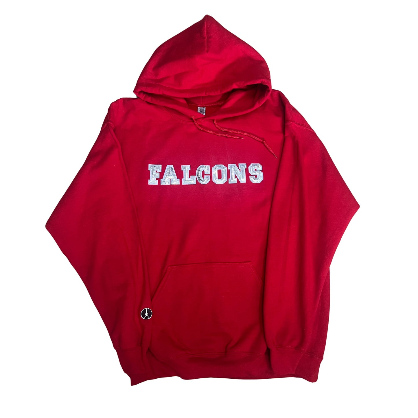 Red hoodie with silver sequin patch letters