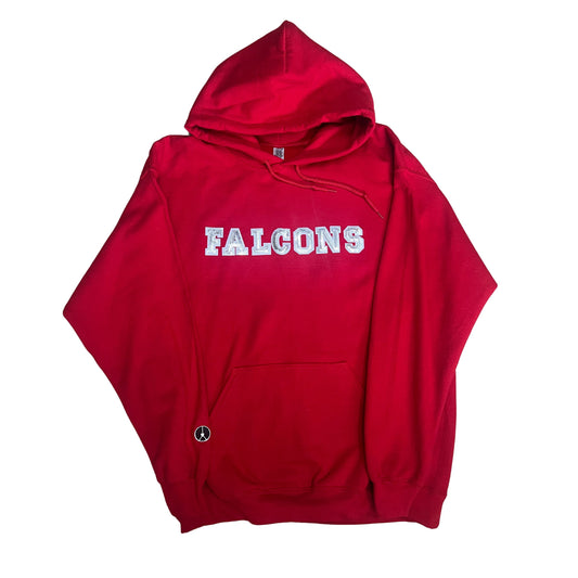 Red hoodie with silver sequin patch letters