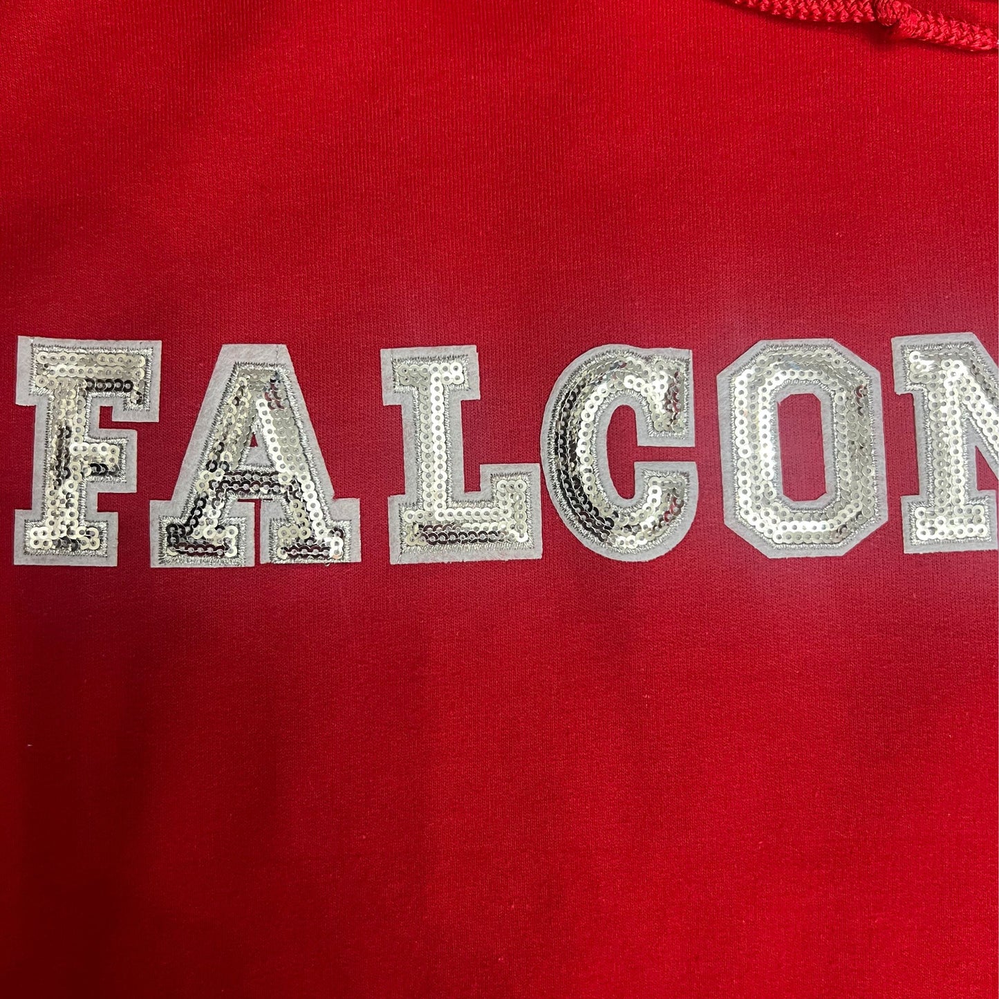 Red hoodie with silver sequin patch letters