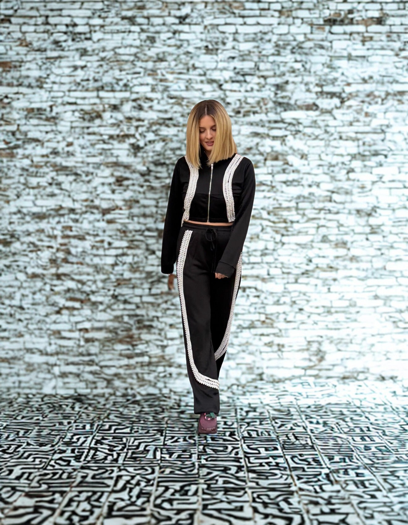 Pearl crop Jacket and wide leg pants sweatsuit