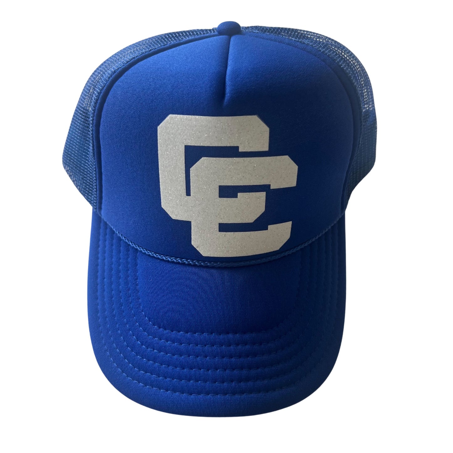 Blue Trucker hat with white glitter cc